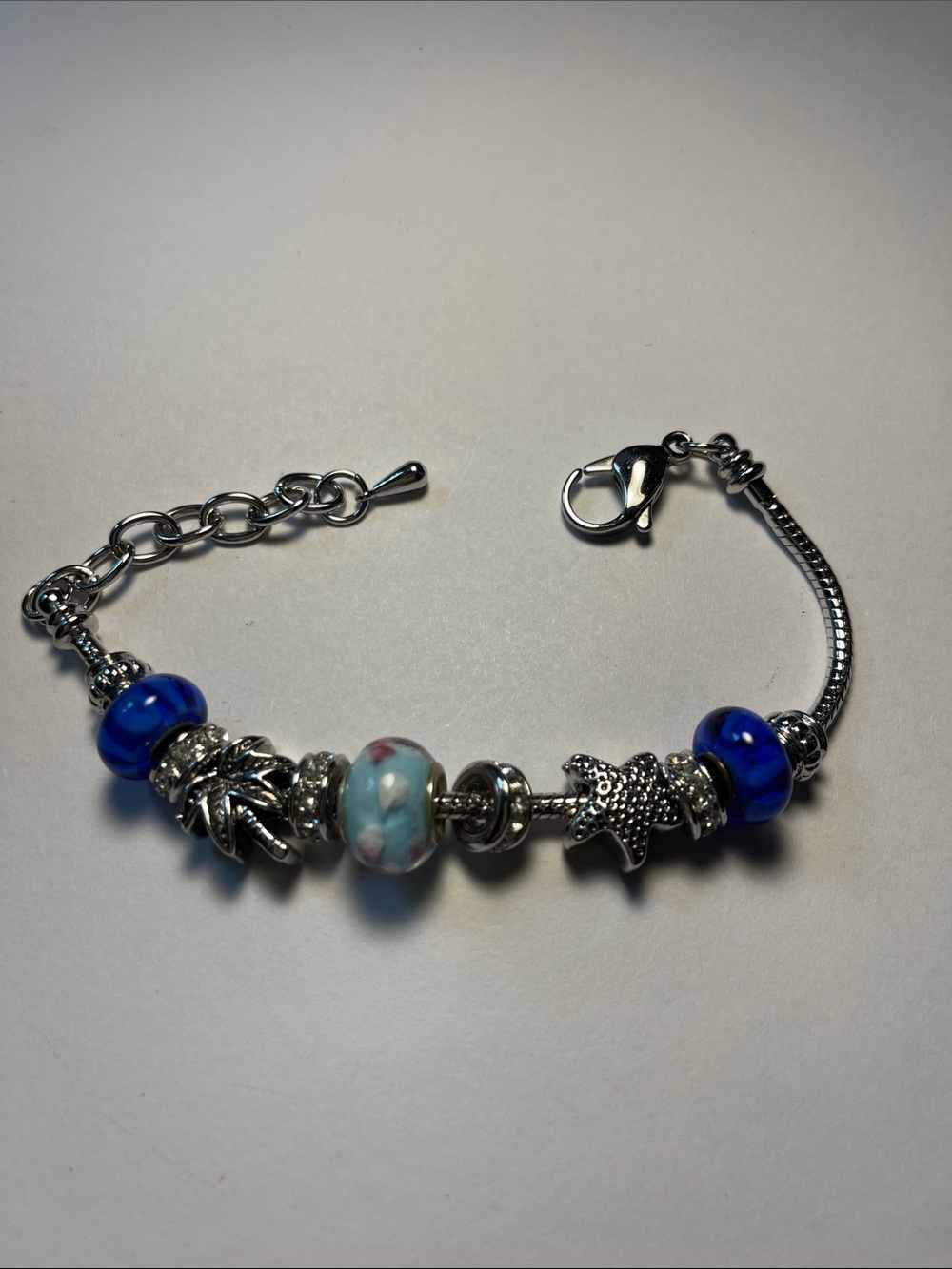 Pandora Style Silver Tone Bracelet with Blue and Aqua Glass Beads & More